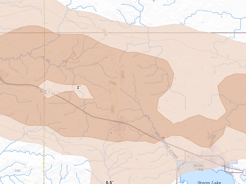 Radar-estimated hail-size map of the storm over Alta, IA on May 15, 2026