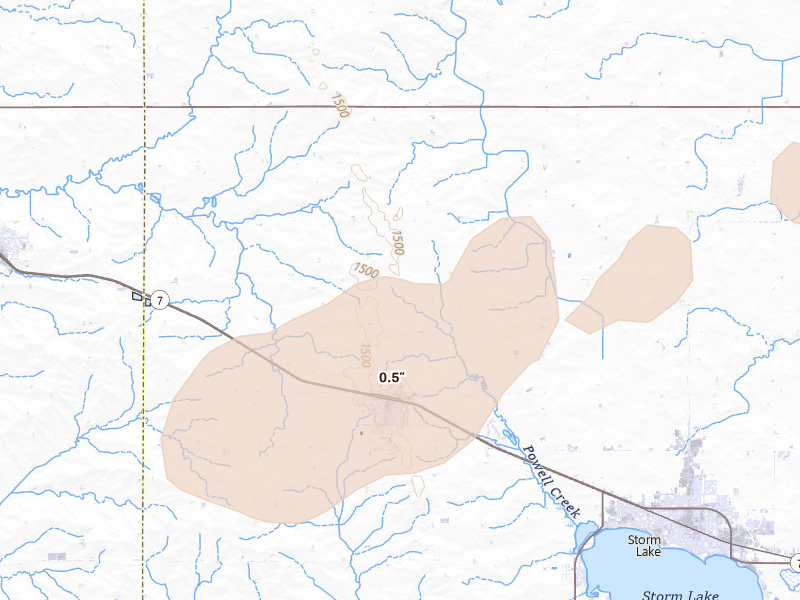 Radar-estimated hail-size map of the storm over Alta, IA on Jun 27, 2026