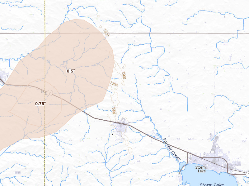 Radar-estimated hail-size map of the storm over Alta, IA on Jul 1, 2026