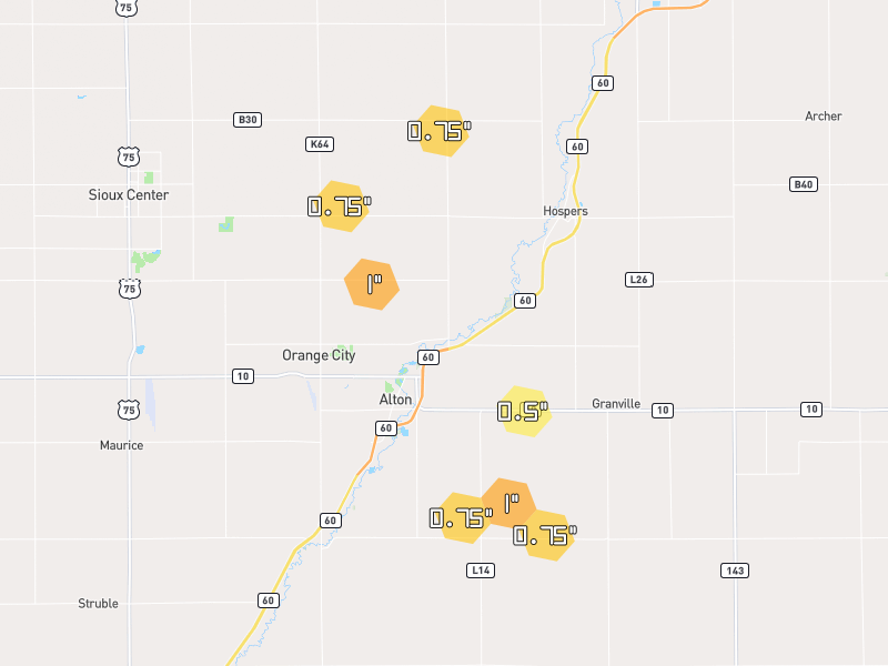 Hail map of Alton, IA on Jul 1, 2026, hail up to 1"