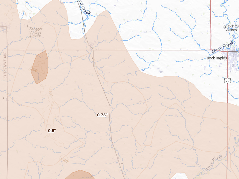 Radar-estimated hail-size map of the storm over Alvord, IA on May 24, 2026