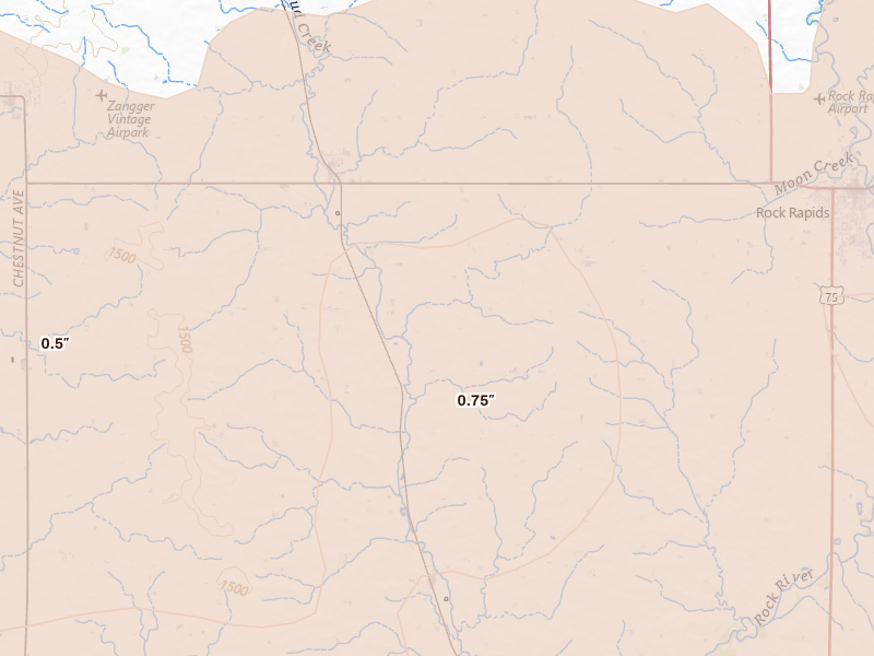 Radar-estimated hail-size map of the storm over Alvord, IA on Jun 27, 2026