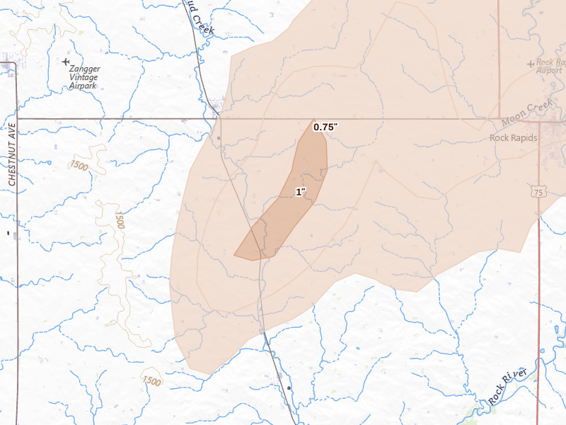 Radar-estimated hail-size map of the storm over Alvord, IA on Jun 29, 2026