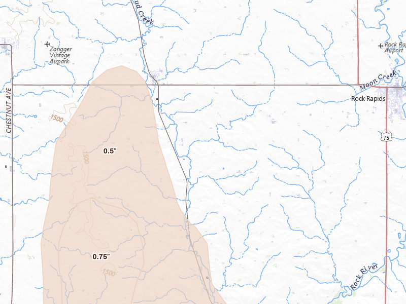 Radar-estimated hail-size map of the storm over Alvord, IA on Jun 30, 2026