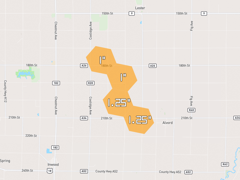 Hail map of Alvord, IA on Jul 1, 2026, hail up to 1.25"