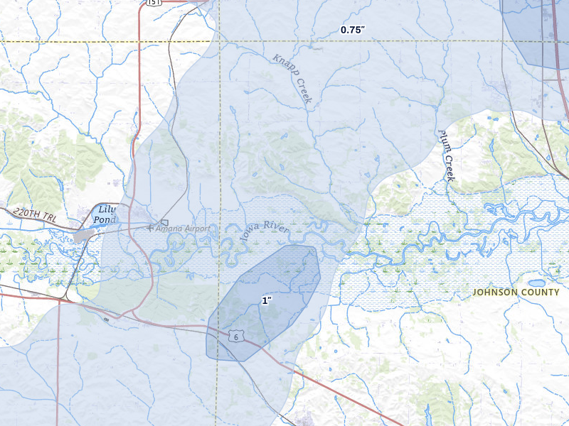 NEXRAD radar-signature map of the hail over Amana, IA