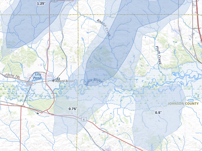 NEXRAD radar-signature map of the hail over Amana, IA