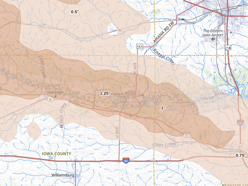 Radar-estimated hail-size map of the storm over Amana, IA on Aug 11, 2026