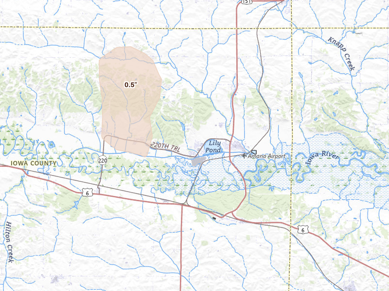 Radar-estimated hail-size map of the storm over Amana, IA on Aug 12, 2026