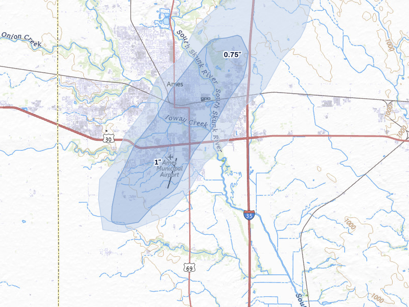 NEXRAD radar-signature map of the hail storm over Ames, IA on Mar 5, 2026