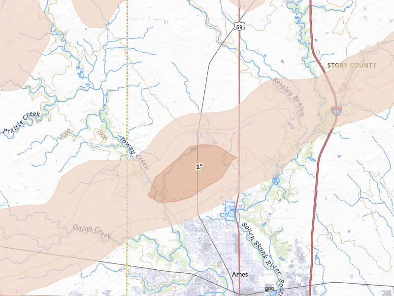 Radar-estimated hail-size map of the storm over Ames, IA