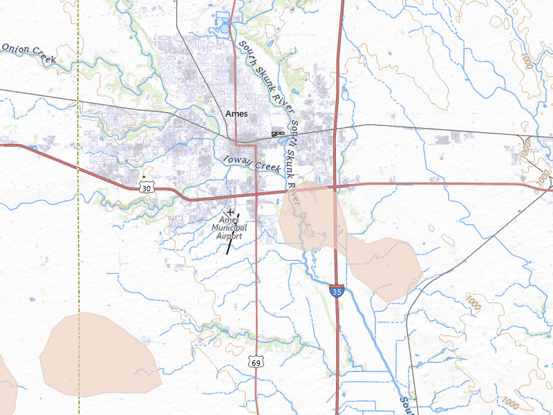 Radar-estimated hail-size map of the storm over Ames, IA on Apr 23, 2026