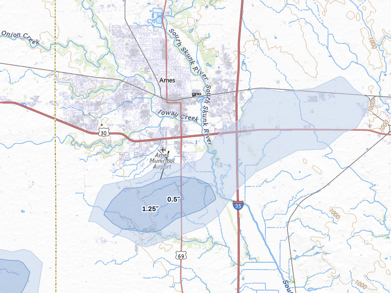 NEXRAD radar-signature map of the hail over Ames, IA
