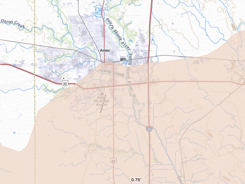 Radar-estimated hail-size map of the storm over Ames, IA on Jun 11, 2026
