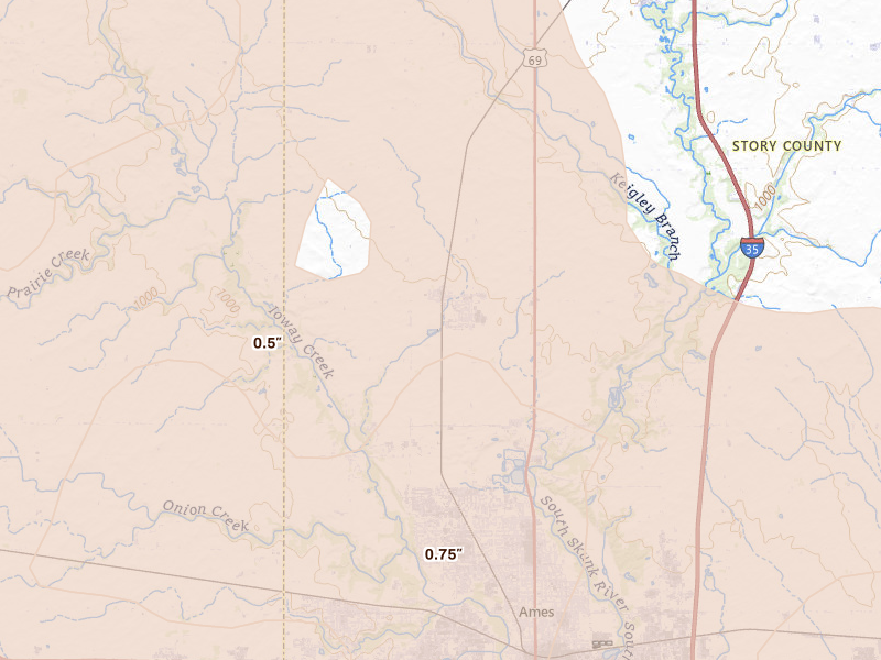 Radar-estimated hail-size map of the storm over Ames, IA on Jun 16, 2026