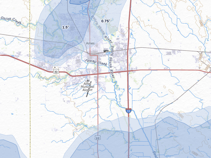 NEXRAD radar-signature map of the hail over Ames, IA