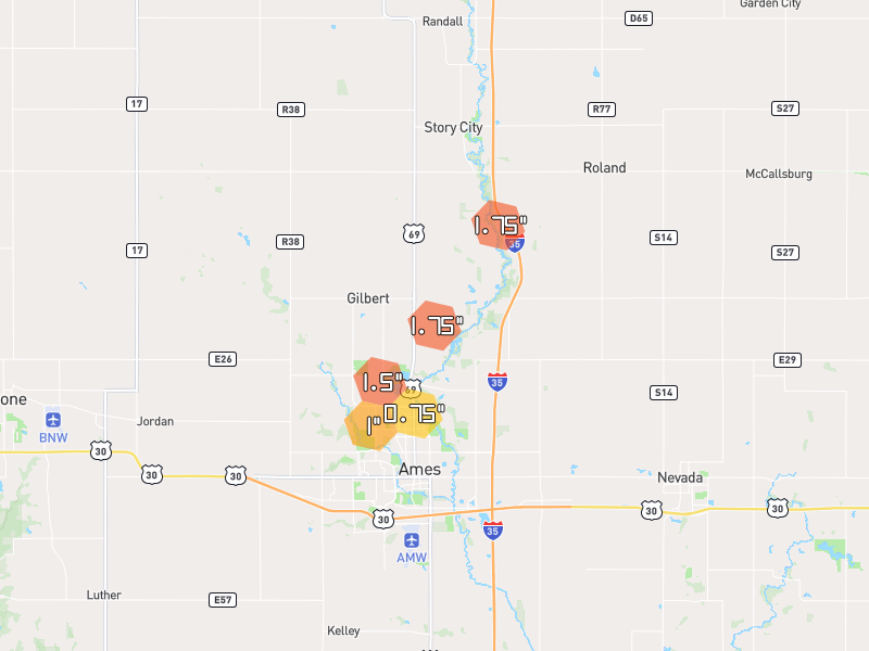 Hail map of Ames, IA on Jul 2, 2026, hail up to 1.75"