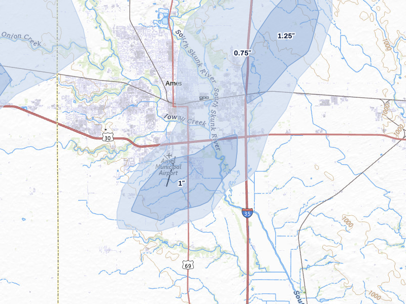 NEXRAD radar-signature map of the hail storm over Ames, IA on Jul 3, 2026