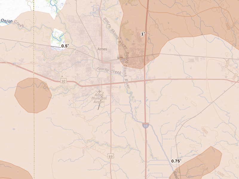 Radar-estimated hail-size map of the storm over Ames, IA on Jul 20, 2026