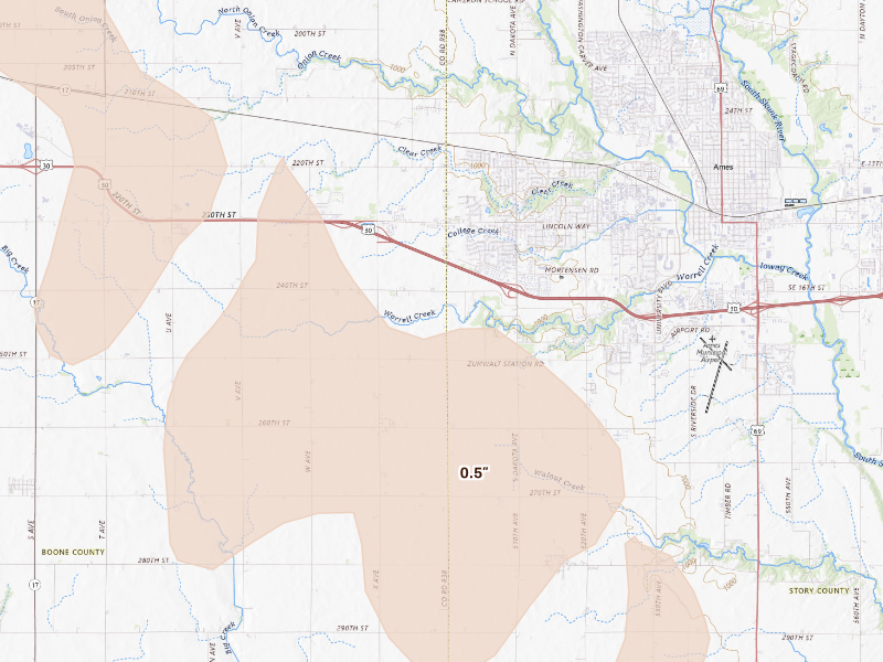 Radar-estimated hail-size map of the storm over Ames, IA on Oct 8, 2026