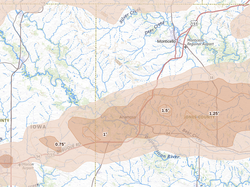 Radar-estimated hail-size map of the storm over Anamosa, IA