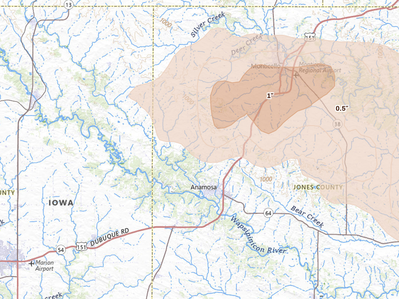 Radar-estimated hail-size map of the storm over Anamosa, IA on Jun 28, 2026