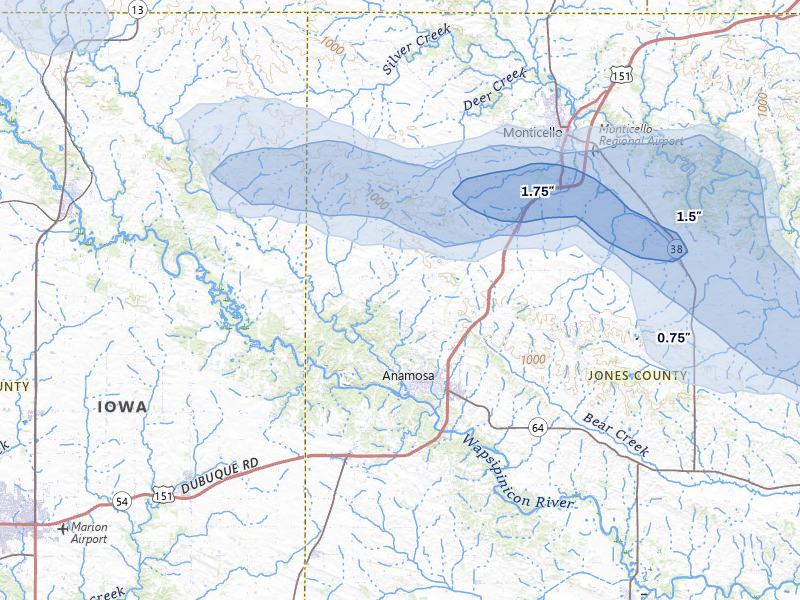 NEXRAD radar-signature map of the hail storm over Anamosa, IA on Jun 28, 2026
