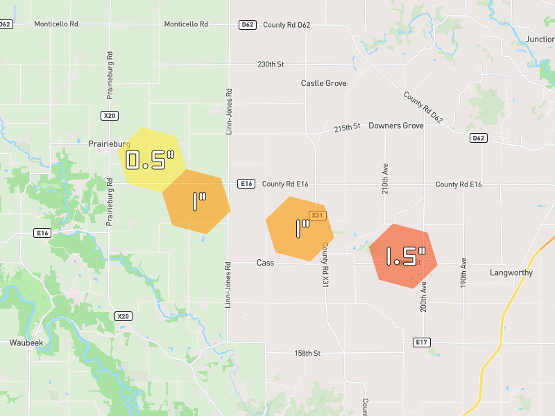 Hail map of Anamosa, IA on Jun 28, 2026, hail up to 1.5"