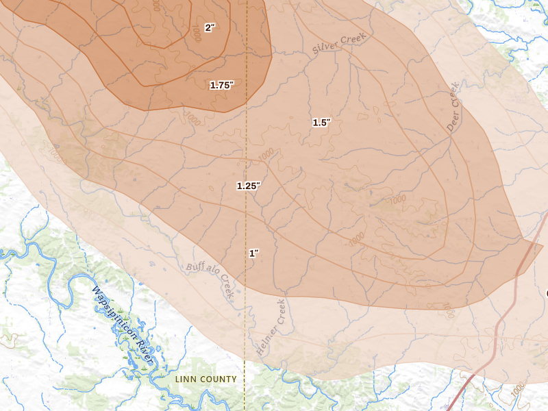 Radar-estimated hail-size map of the storm over Anamosa, IA on Aug 7, 2026