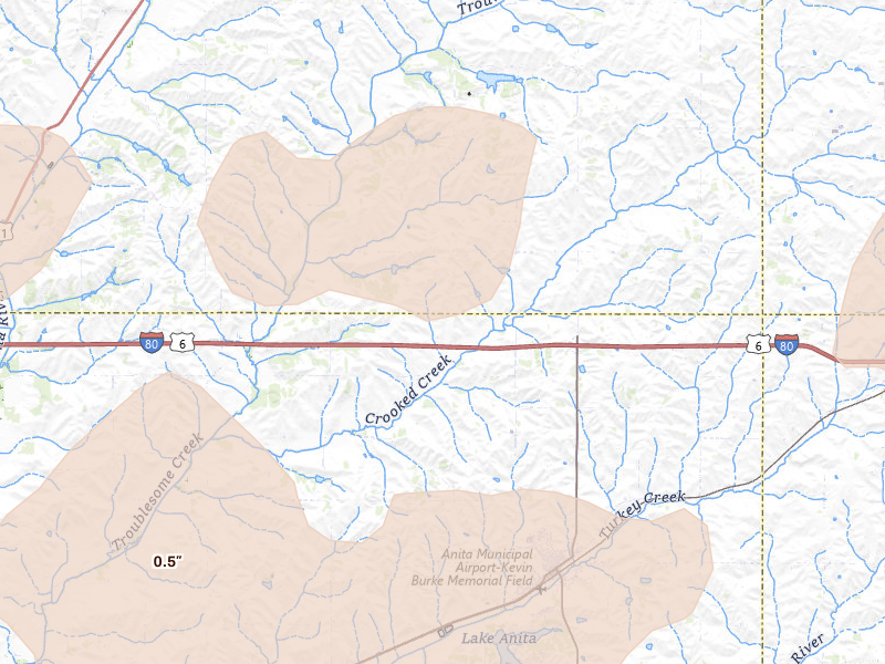 Radar-estimated hail-size map of the storm over Anita, IA on Aug 13, 2026