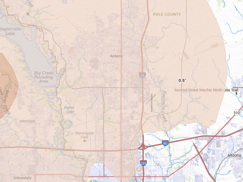 Radar-estimated hail-size map of the storm over Ankeny, IA on Mar 30, 2026
