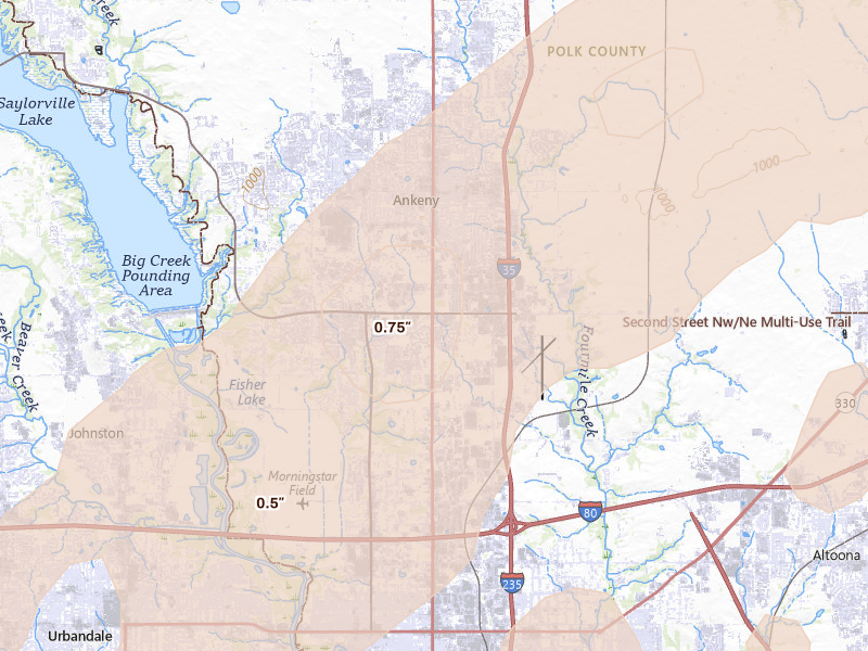 Radar-estimated hail-size map of the storm over Ankeny, IA on May 18, 2026