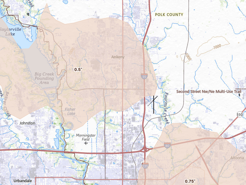 Radar-estimated hail-size map of the storm over Ankeny, IA on Jun 10, 2026