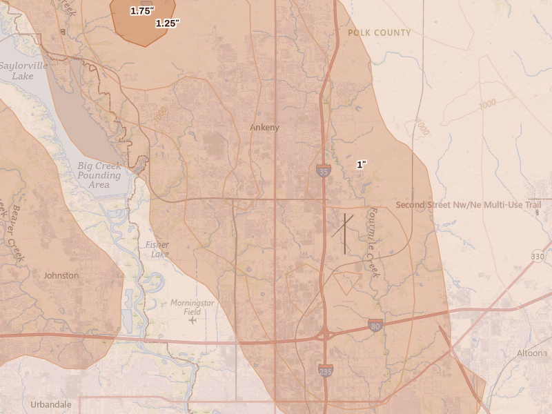 Radar-estimated hail-size map of the storm over Ankeny, IA on Jul 20, 2026
