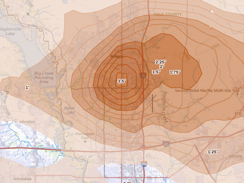 Radar-estimated hail-size map of the storm over Ankeny, IA