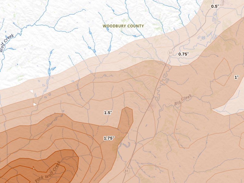 Radar-estimated hail-size map of the storm over Anthon, IA on May 15, 2026