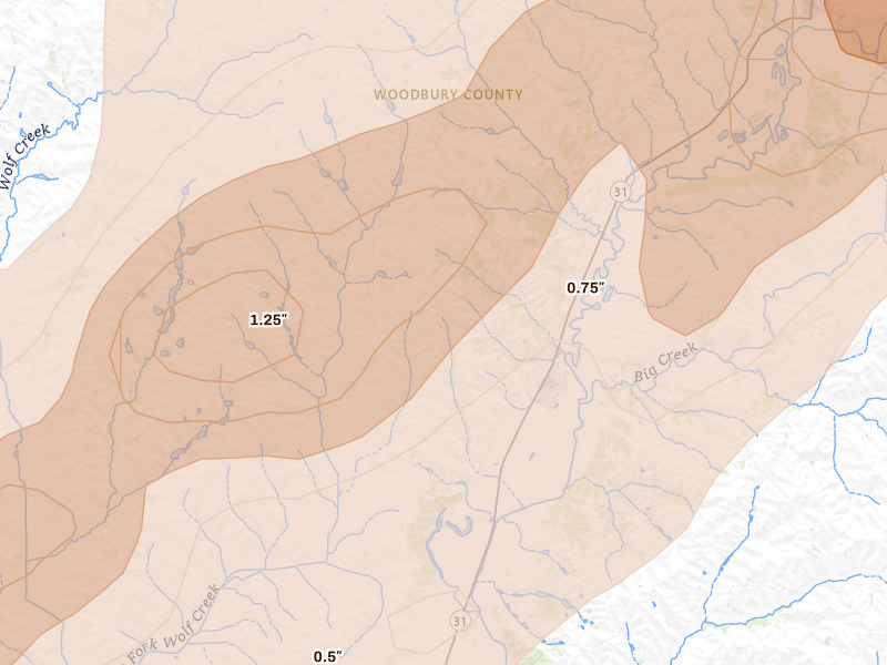 Radar-estimated hail-size map of the storm over Anthon, IA on May 18, 2026