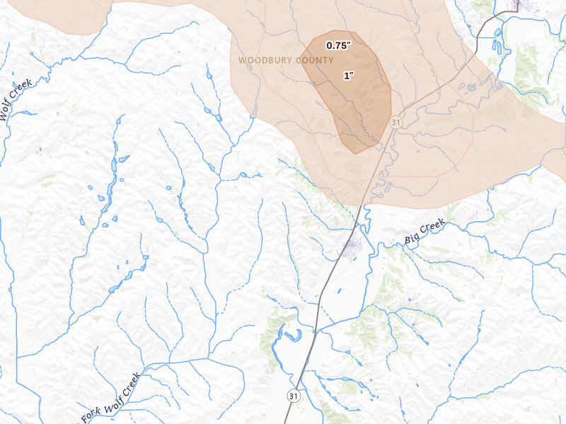Radar-estimated hail-size map of the storm over Anthon, IA on Jul 8, 2026
