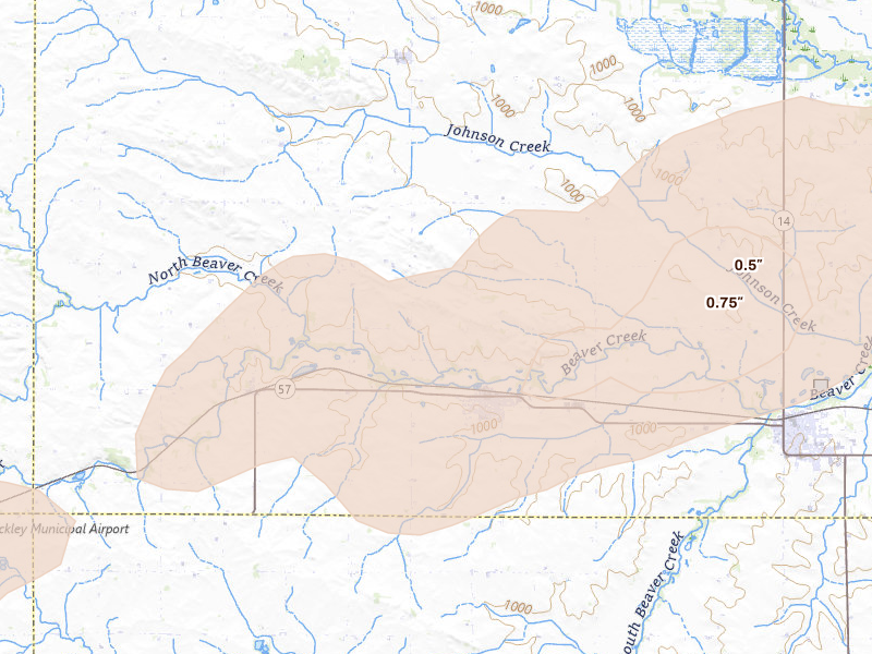 Radar-estimated hail-size map of the storm over Aplington, IA on Apr 17, 2026
