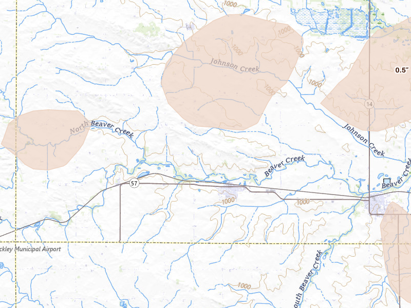 Radar-estimated hail-size map of the storm over Aplington, IA on May 15, 2026