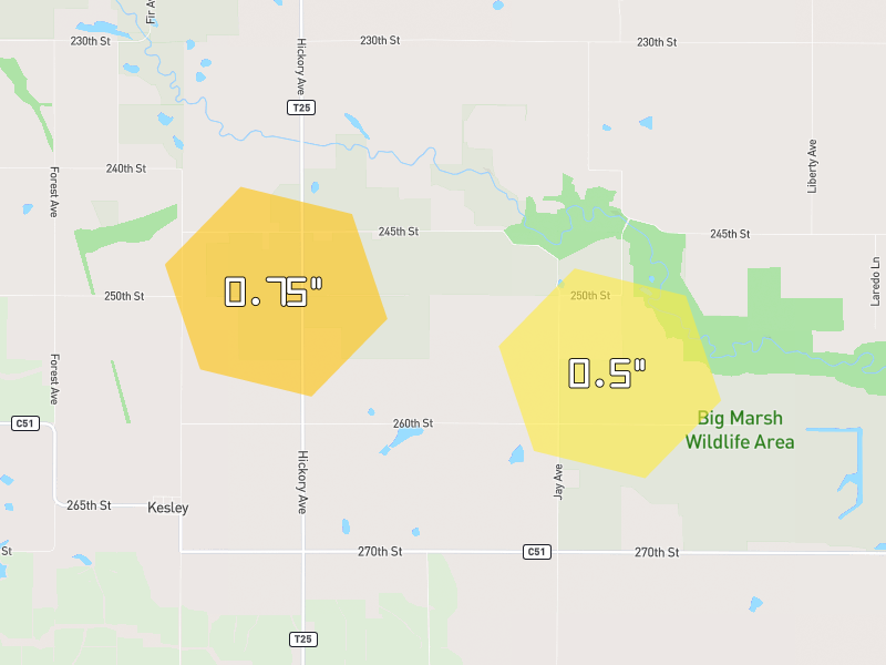 Hail map of Aplington, IA on Jun 28, 2026, hail up to 0.75"
