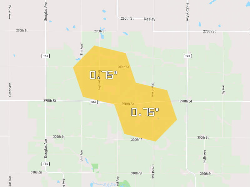 Hail map of Aplington, IA on Jul 2, 2026, hail up to 0.75"