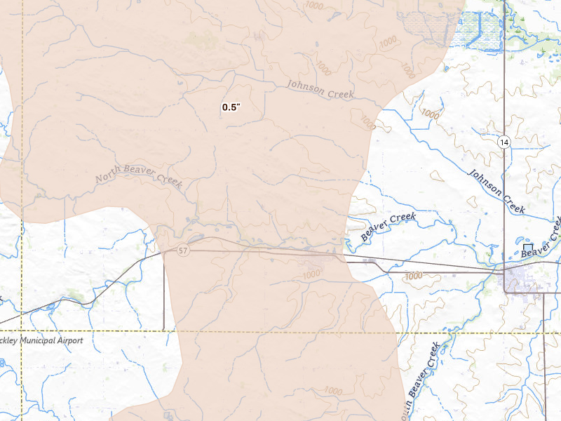Radar-estimated hail-size map of the storm over Aplington, IA on Jul 20, 2026