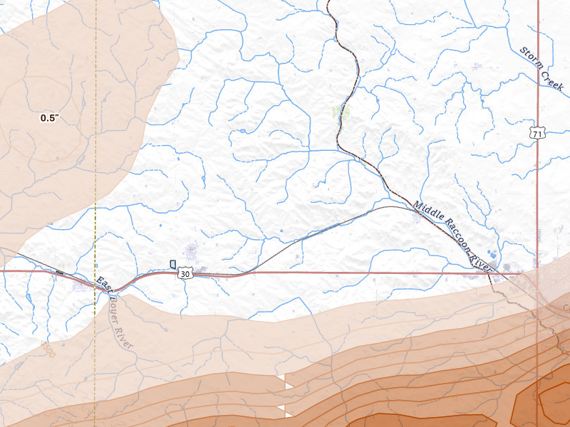 Radar-estimated hail-size map of the storm over Arcadia, IA on Apr 15, 2026