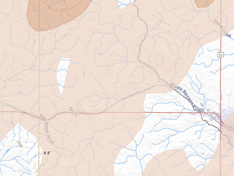 Radar-estimated hail-size map of the storm over Arcadia, IA on Apr 23, 2026