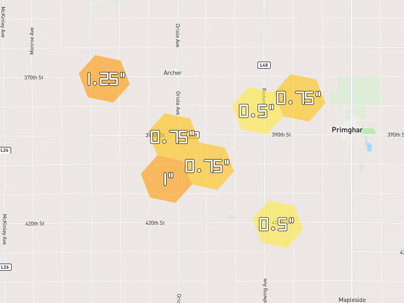 Hail map of Archer, IA on Jun 30, 2026, hail up to 1.25"