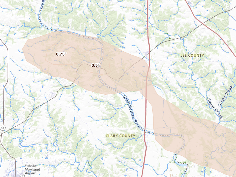 Radar-estimated hail-size map of the storm over Argyle, IA on Jun 13, 2026