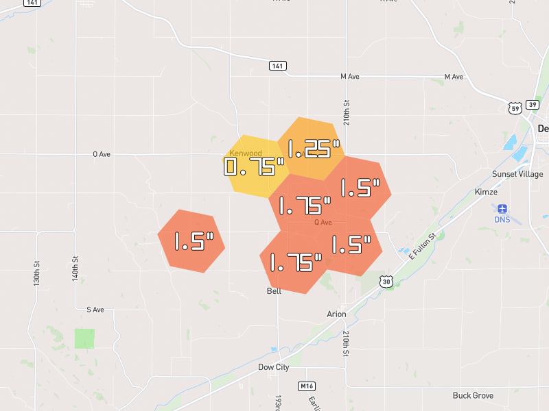 Hail map of Arion, IA on Jul 8, 2026, hail up to 1.75"