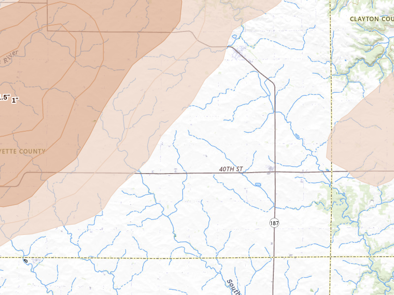 Radar-estimated hail-size map of the storm over Arlington, IA on Jul 2, 2026
