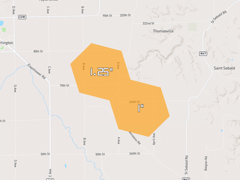 Hail map of Arlington, IA on Jul 2, 2026, hail up to 2.25"